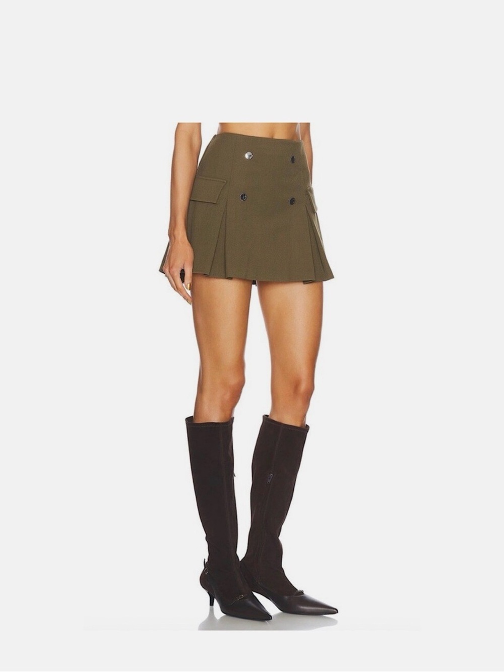 STAUD Olive Green Mini Skirt with Button Detail - Picture 2 of 8